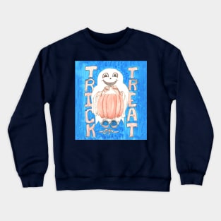 Trick or Treat Ghosty with Pumpkin Pail on Blue Background Crewneck Sweatshirt